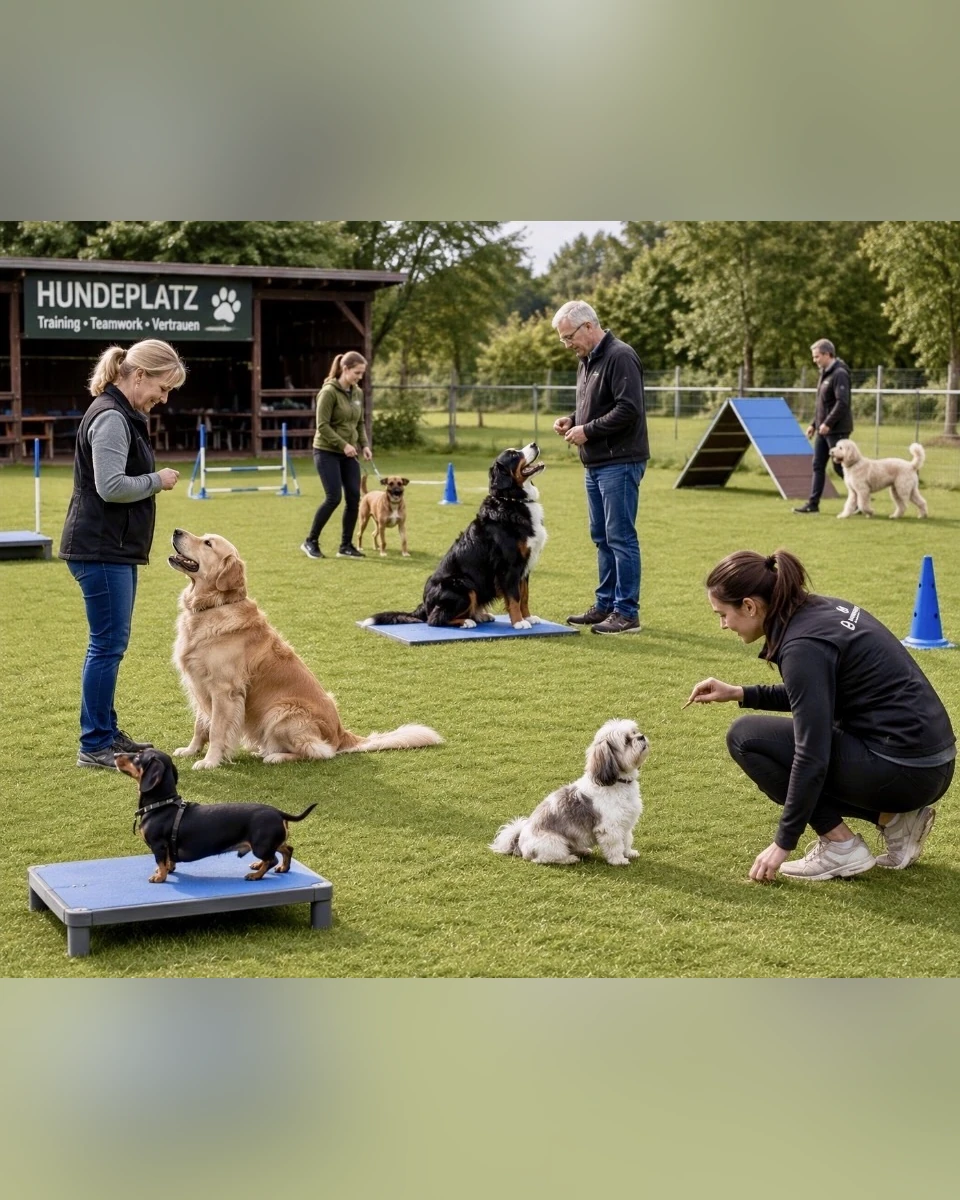 Mike und Mensch-Hund-Teams auf dem Hundeplatz beim gemeinsamen Workshop